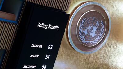 Screens show results from voting by the UN General Assembly in New York as member countries pass a resolution to suspend Russia from the Human Rights Council after Moscow's invasion of Ukraine. EPA