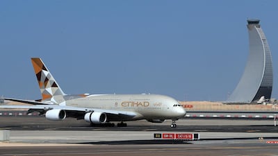 An Etihad Airbus 380 lands at Abu Dhabi International Airport. Ravindranath K / The National