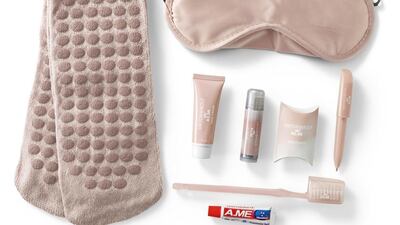 KLM's vanity bag comes in male and female versions with carrying socks, sleeping mask, tooth paste and cologne. Courtesy KLM Royal Dutch Airlines
