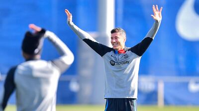 Barcelona forward Robert Lewandowski attends a training session at the Joan Gamper training ground on February 15, 2023, on the eve of their Europa League play-off match against Manchester United. AFP