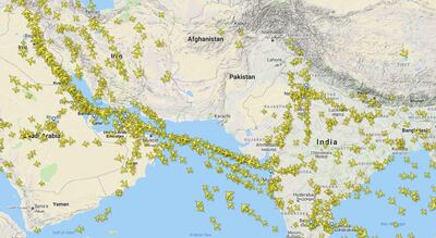 As airspace over Pakistan remains shut for a second day, planes are being forced to fly over the Arabian Gulf. Screenshot/FlightRadar24