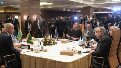 Arab League Secretary General Ahmed Aboul Gheit, Chairperson of the African Union Commission Moussa Faki, High Representative of the European Union for Foreign Affairs and Security Policy Federica Mogherini and UN Secretary-General Antonio Guterres attend a meeting. AFP