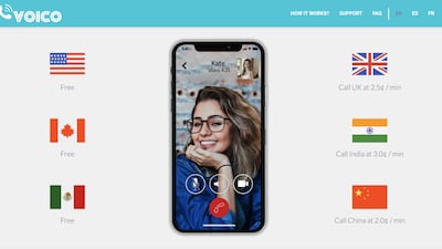 A screenshot shows calling rates to certain countries on Du's Voico service