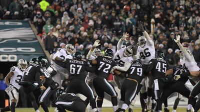 Philadelphia Eagles kicker Jake Elliott (4) kicks a 48-yard field goal with 27 seconds left to secure a 19-10 victory over the Oakland Raiders. Kirby Lee / USA Today Sports