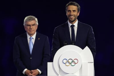 International Olympic Committee president Thomas Bach, left, and president of the Paris 2024 Olympics and Paralympics Organising Committee Tony Estanguet during the closing ceremony. AFP