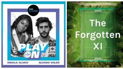 Left, Fifa's official podcast Play On mixes sport and music; right, The Forgotten XI explores the history of the women's game. Photo: Fifa; Apple Podcasts