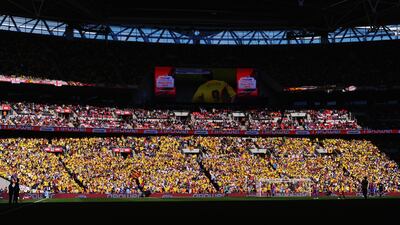 The Wembley Stadium, in London, was a sea of Watford's yellow in parts, interspersed by the red and blue of Crystal Palace. It was truly a festive atmosphere. Mike Hewitt / Getty Images