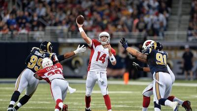 Quarterback Ryan Lindley, centre, is making the most of his second chance leading the Arizona Cardinals, who were forced to turn to the third-string backup after injuries to their first two options at quarterback. Michael Thomas / Getty Images