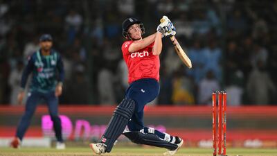 Harry Brook bats during the third IT20 against Pakistan. Getty