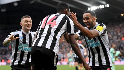 Newcastle's Alexander Isak is congratulated by Callum Wilson and Kieran Trippier after scoring. Getty