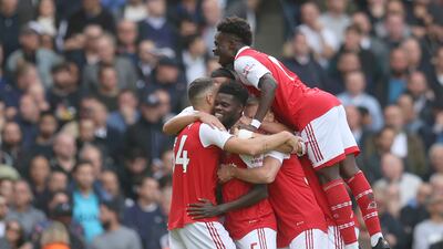 Arsenal's Thomas Partey celebrates with teammates after scoring the first goal. Getty