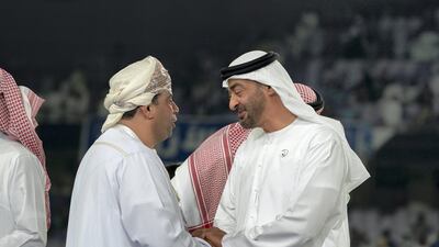 Sheikh Mohamed greets a guest during the 2018–19 Zayed Champions Cup final. Mohamed Al Hammadi / Ministry of Presidential Affairs