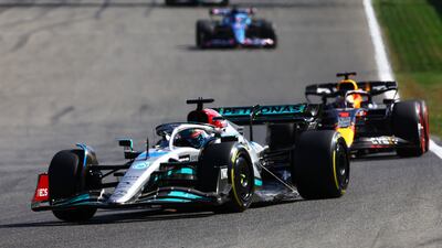 George Russell of Mercedes leads Max Verstappen of Red Bull Racing. Getty Images