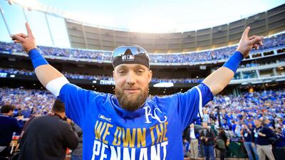 Alex Gordon #4 of the Kansas City Royals celebrates their 2 to 1 win over the Baltimore Orioles to sweep the series in Game Four of the American League Championship Series at Kauffman Stadium on October 15, 2014 in Kansas City, Missouri. Jamie Squire/Getty Images