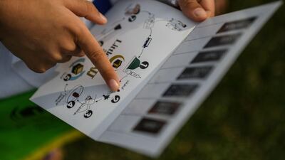 A Malaysian Muslim boy from the Little Caliphs kindergarten checks the order of religious rituals on a booklet before performing a simulation of the Haj.