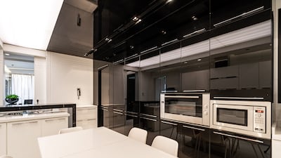 The kitchen comes with stainless steel appliances.