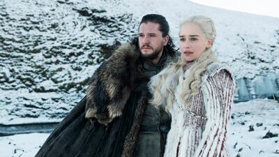 Kit Harington as Jon Snow, left, and Emilia Clarke as Daenerys Targaryen in a scene from 'Game of Thrones', which premiered its eighth season on Sunday. AP