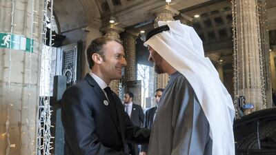 Sheikh Mohamed bin Zayed, Crown Prince of Abu Dhabi and Deputy Supreme Commander of the UAE Armed Forces is received by Emmanuel Macron, President of France, during his visit to Paris in November last year. Mohamed Al Hammadi / Ministry of Presidential Affairs