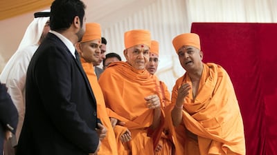 The shilanyas vidhi of the first traditional Hindu temple in the UAE is performed in the holy presence of His Holiness Mahant Swami Maharaj, the spiritual leader of BAPS Swaminarayan Sanstha. All photos by Reem Mohammed and Ramola Talwar Badam / The National