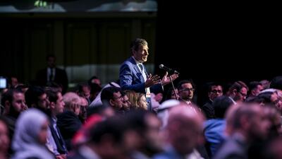 An Audience member asks a question at the first plenary session of the Global Islamic Economy Summit 2016. Reem Mohammed / The National