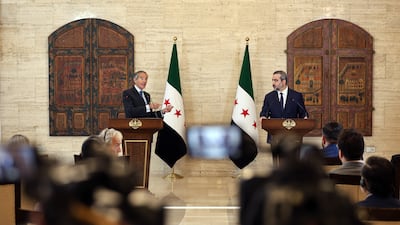 IAEA director general Rafael Grossi, left, speaks at a joint press conference with Syrian Foreign Minister Asaad Al Shibani in Damascus. EPA