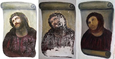 The original version of 'Ecce Homo' by Elias Garcia Martinez, the deteriorated version, centre, and the restored version, left. AP