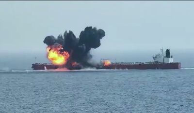 An explosion on the Chios Lion oil tanker after it was attacked in the Red Sea off Yemen by Houthi rebels. EPA