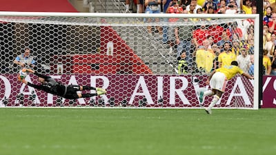 Gregor Kobel of Switzerland saves Cucho Hernandez's penalty for Colombia in the shoot-out in Vancouver. AFP