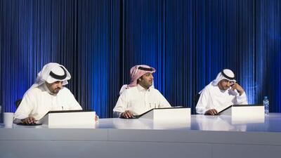 The judging panel on El Beit, the TV poetry contest that airs on Sama Dubai. Reem Mohammed / The National