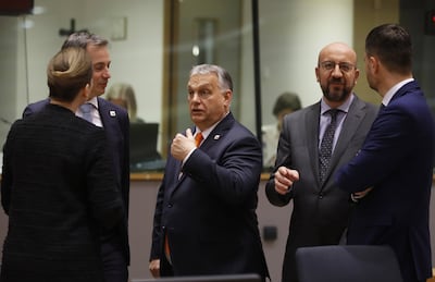 The EU ended a month-long stalemate over an oil embargo by striking a deal with Hungarian leader Viktor Orban, centre. EPA