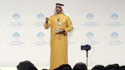 Sheikh Saif Bin Zayed, Deputy Prime Minister and Minister of Interior, speaks during the World Goverment Summit in Dubai. Satish Kumar / The National