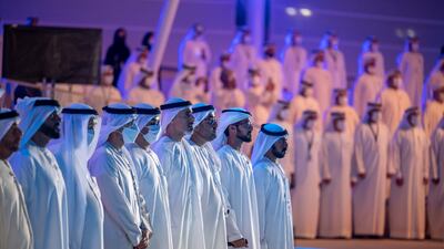 At the Commemoration ceremony were Sheikh Khaled bin Mohamed, member of the Abu Dhabi Executive Council and Chairman of the Abu Dhabi Executive Office; Sheikh Hamed bin Zayed, member of Abu Dhabi Executive Council; Sheikh Khalifa bin Tahnoon, director of the Martyrs' Families' Affairs Office at the Abu Dhabi Crown Prince's Court; Sheikh Nahyan bin Zayed, Chairman of the Board of Trustees of Zayed bin Sultan Al Nahyan Charitable and Humanitarian Foundation; Sheikh Diab bin Zayed; Sheikh Mohamed bin Hamdan; Sheikh Zayed bin Hamdan; and Sheikh Suroor bin Mohamed. Photo: Mohamed Al Hammadi / Ministry of Presidential Affairs