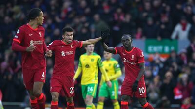 Sadio Mane celebrates scoring at Anfield. PA