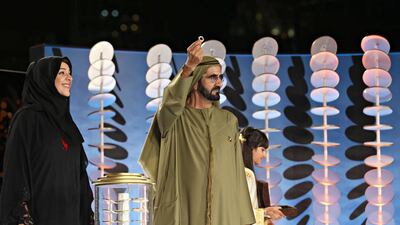 Sheikh Mohammed bin Rashid reveals the logo for Expo 2020 in March. Courtesy Dubai Government Media Office