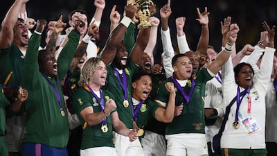 South Africa captain Siya Kolisi lifts the Webb Ellis Cup after the Spinrgboks beat England 32-12 in the Rugby World Cup final in Yokohama, Japan. AFP