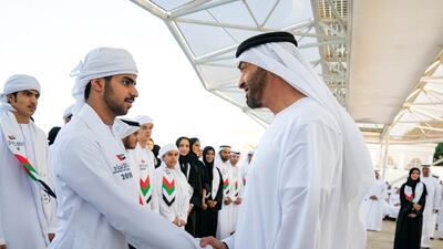 Sheikh Mohamed bin Zayed, Crown Prince of Abu Dhabi and Deputy Supreme Commander of the Armed Forces greets a member of Journey of the Union initiative, during a Sea Palace barza. All Photos by Ministry of Presidential Affairs