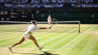 Karolina Muchova returns to Linda Noskova during the final at the All England Club. AFP