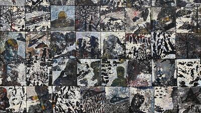 Layering and stripping canvases, Tayseer Barakat tells the story of confinement and occupation through multiple scenes in 'Light in the Dark'. Courtesy the artist and Zawyeh Gallery