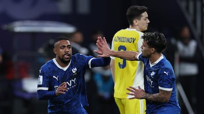 Al Hilal's Brazilian forward Malcom, left, celebrates scoring their second goal against Pakhtakior with Marcos Leonardo, a summer signing from Benfica. Reuters