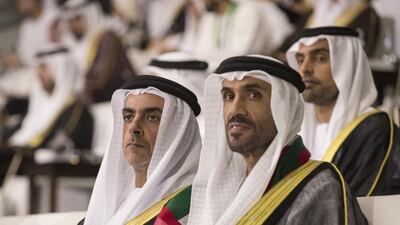 Lt Gen Sheikh Saif bin Zayed, Deputy Prime Minister and Minister of Interior, and Sheikh Nahyan bin Zayed, Chairman of the Board of Trustees of Zayed bin Sultan Al Nahyan Charitable and Humanitarian Foundation, attend the 45th UAE National Day celebrations at Abu Dhabi National Exhibition Centre. Ryan Carter / Crown Prince Court — Abu Dhabi