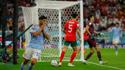 Spain's Marco Asensio after hitting the side netting with an attempt on goal. AFP