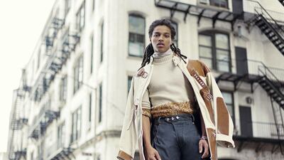 Bluestone lane: jumper, Dh2,755; jeans, Dh3,030; coat, Dh9,370, all from Linder. Scarf, Dh1,575, Hermès. Bracelets, from Dh1,655, all from Dean Harris. Ring, Dh1,100, Diaboli Kill