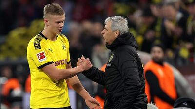 Erling Haaland and Dortmund manager Lucien Favre. EPA