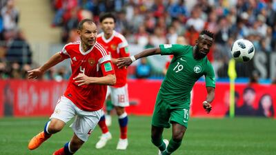 Fahad Al Muwallad, right, usually operates on the wing but could be deployed as a false nine against Uruguay. Yuri Kochetkov / EPA