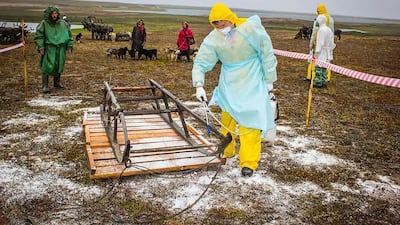 A sanitary worker disinfects a sleigh outside Yar-Sale town on Russia’s Yamal Peninsula on August 8, 2016 following a recent anthrax outbreak. Russian Emergency Ministry / AFP