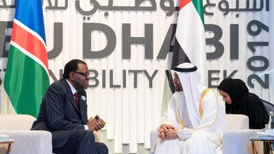 Sheikh Mohamed bin Zayed meets with Hage Geingob, President of Namibia (L), on the first day of the World Future Energy Summit. Mohamed Al Hammadi / Ministry of Presidential Affairs
