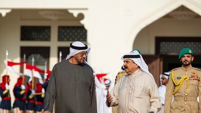 President Sheikh Mohamed bids farewell to King Hamad bin Isa Al Khalifa of Bahrain before departing Sakhir Air Base. All photos: UAE Presidential Court