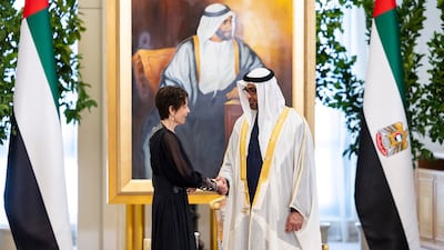 President Sheikh Mohamed receives the diplomatic credentials of Sabina Stadler, Slovenia's ambassador to the UAE. Ryan Carter / UAE Presidential Court