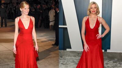 Elizabeth Banks first wore this red Badgley Mischka gown for the Oscars Vanity Fair party in 2004, and the actress pulled the dress out again for the same party 16 years later, in 2020. Getty/ AFP