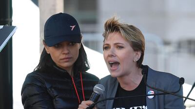 Actress Scarlett Johansson speaks to the crowd during the Women's Rally in Los Angeles. Mark Ralston / AFP
